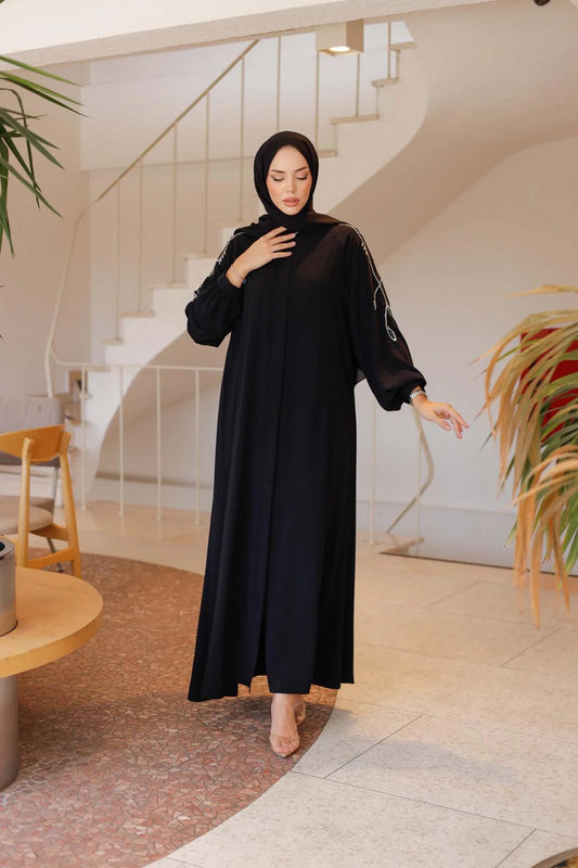 Kesme Boncuklu Şık Ferace - Siyah