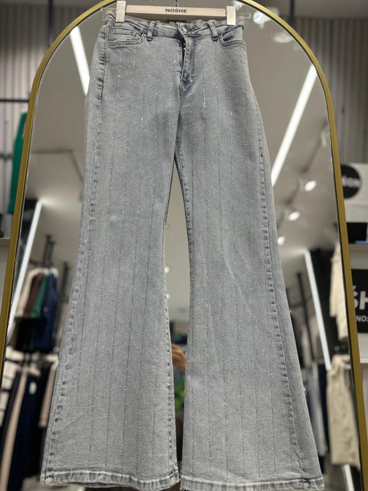 Likralı Taşlı İspanyol Kot Pantolon Açık Mavi