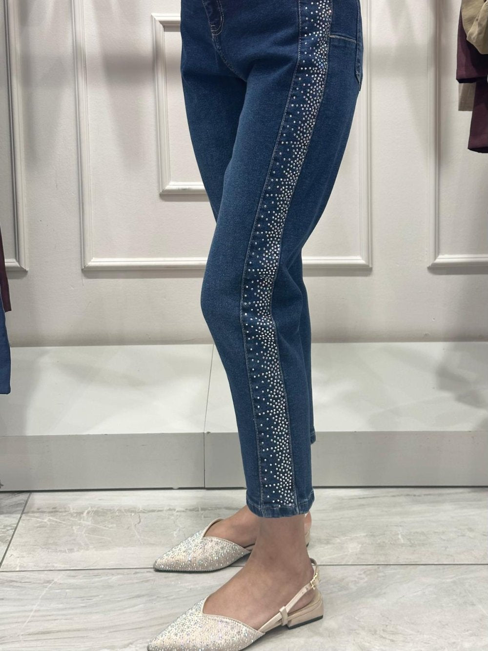 Şerit Taşlı Likralı Kot Pantolon Lacivert