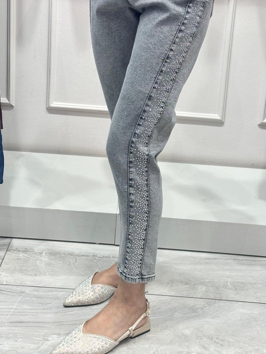 Şerit Taşlı Likralı Kot Pantolon Gri