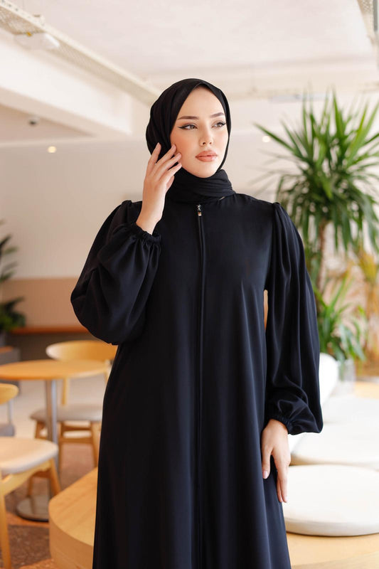 Medine İpeği Büzgü Kol Detaylı Ferace