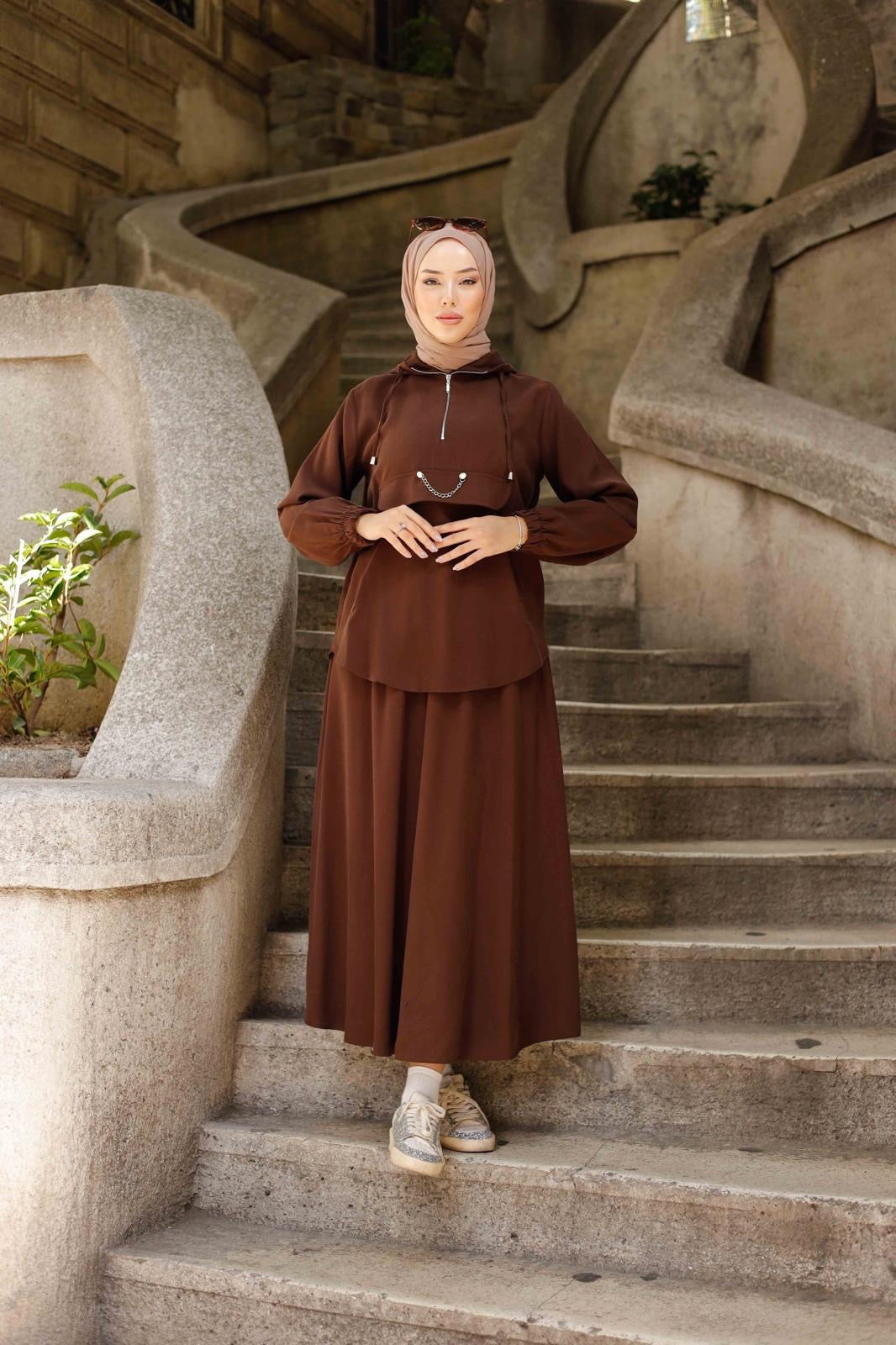 Kahve Tensel Kapüşonlu Etekli Takım