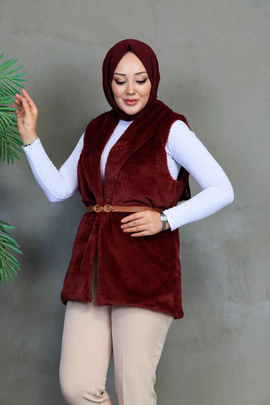 Bordo Peluş Kürk Yelek