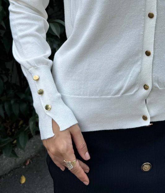 Krem Gold Düğme Detaylı Triko Hırka