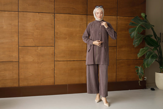 Kahverengi Organik Kumaş Düğmeli Takım