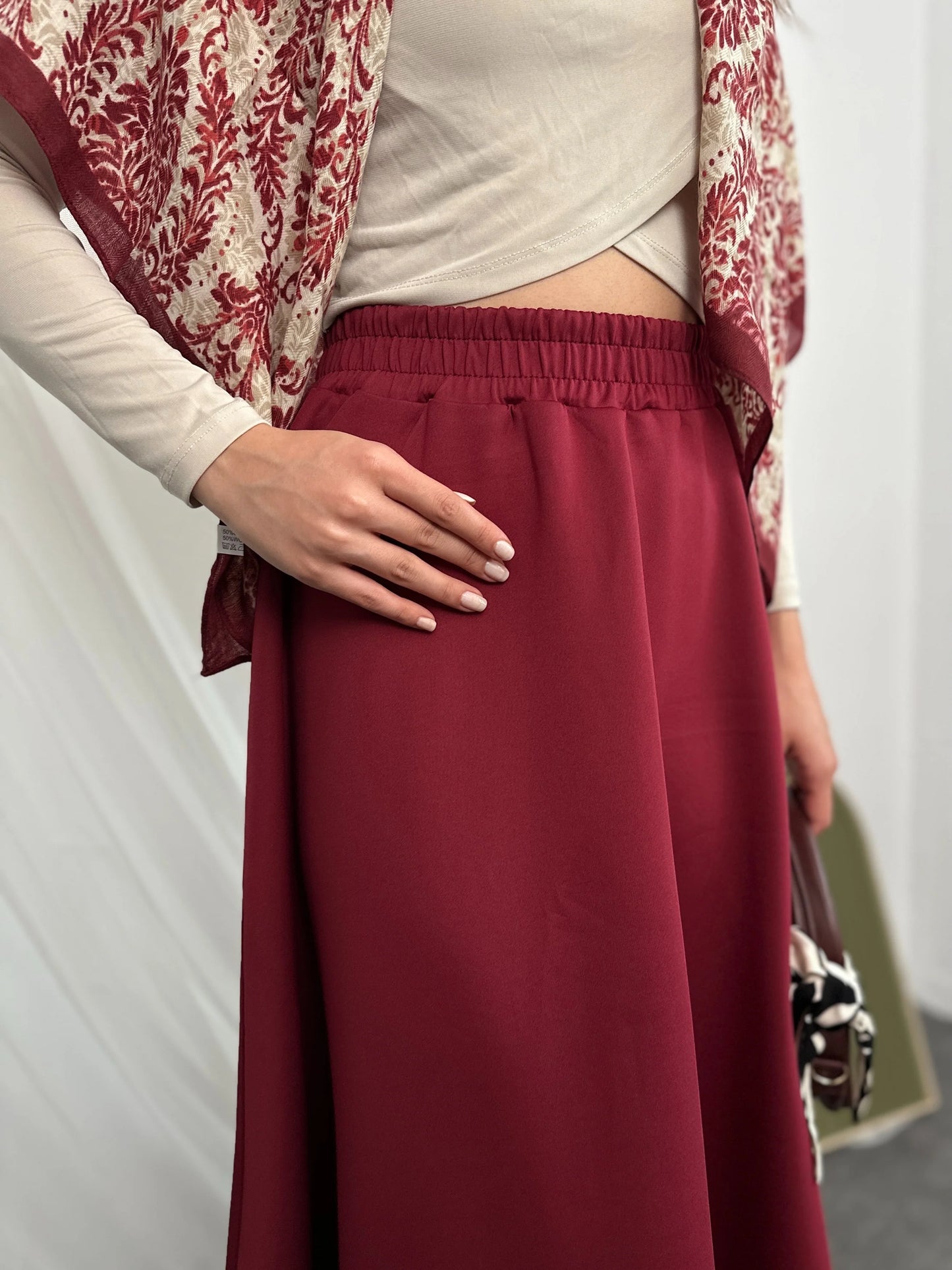 Bordo Beli Lastikli Scuba Kumaş Kloş Etek