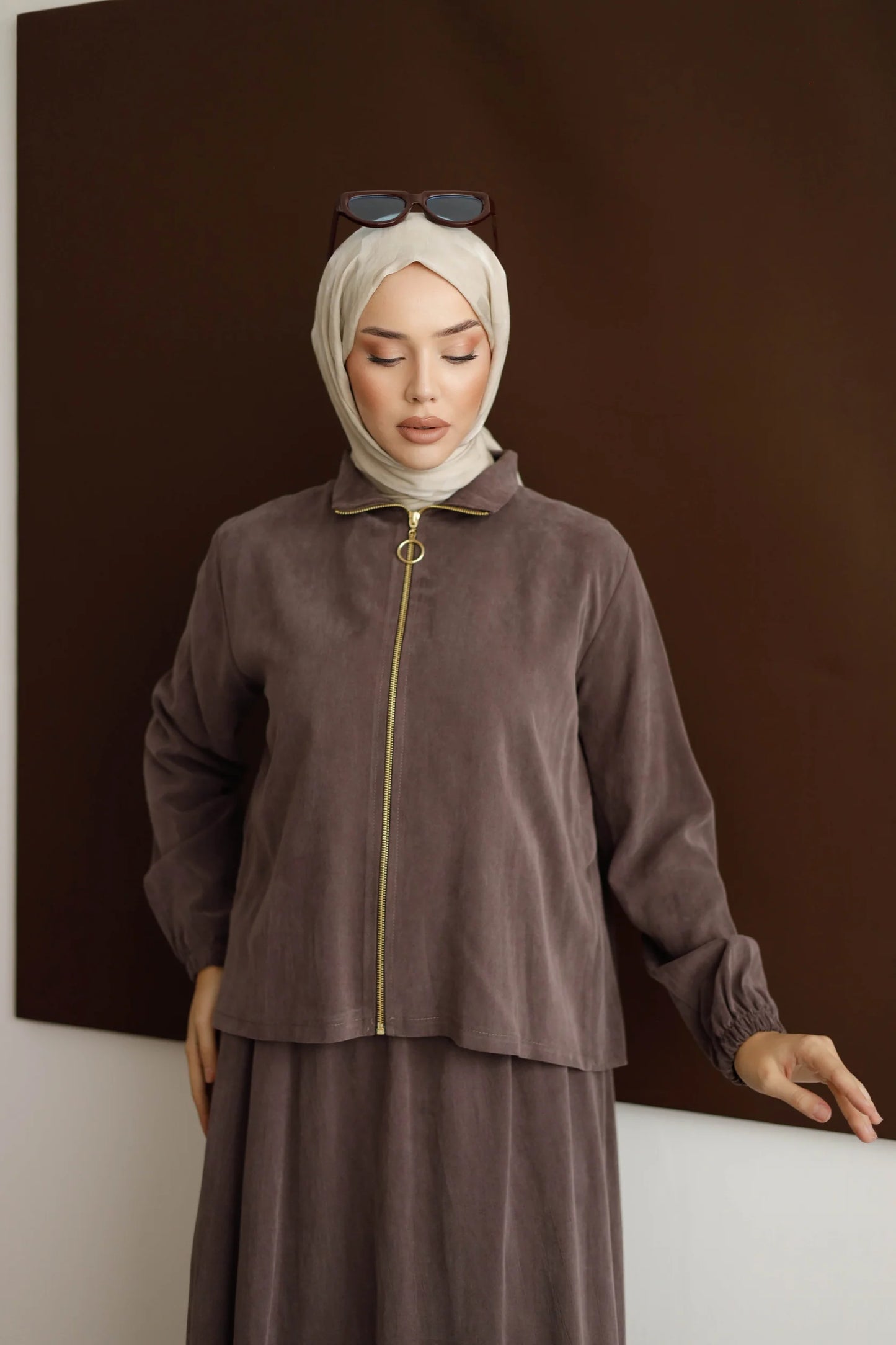 Organik Kumaş Etekli Takım - Kahverengi