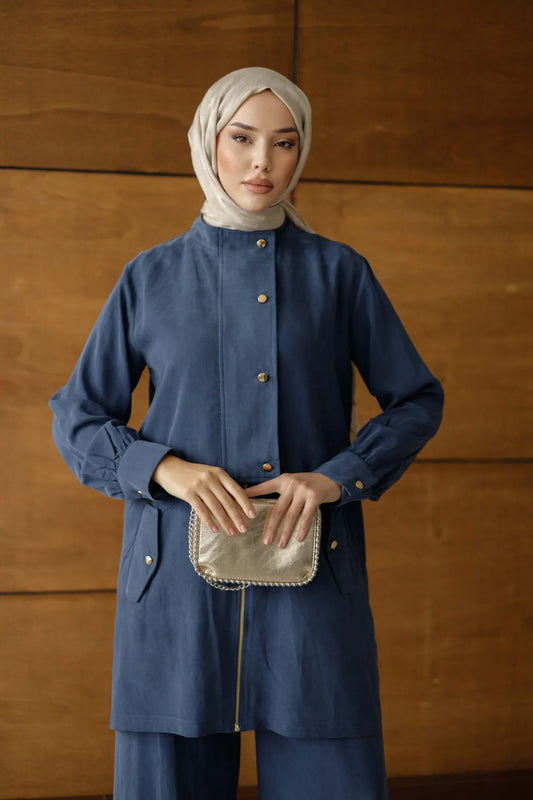 Mavi Organik Kumaş Düğmeli Takım