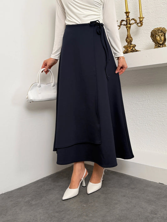 Lacivert Yandan Bağlamalı Katlı Scuba Etek