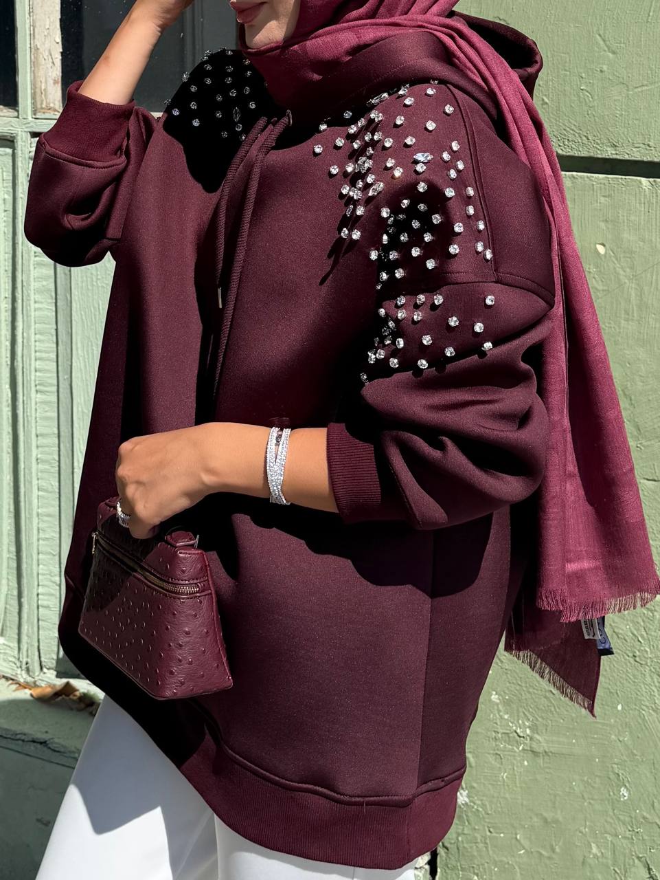 Scuba Kumaş Taş Detaylı Bordo Sweatshirt