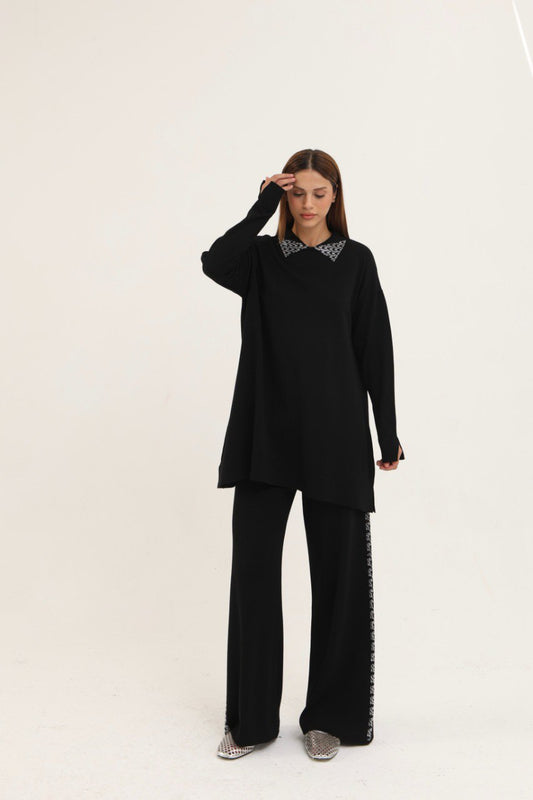 Merserize Taş Detaylı Takım – Siyah