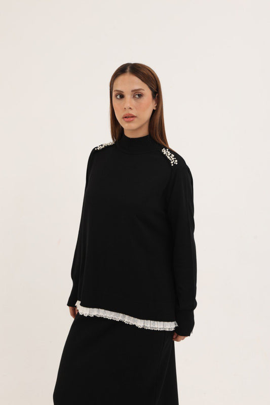 Dantel Detay Merserize Etekli Takım – Siyah