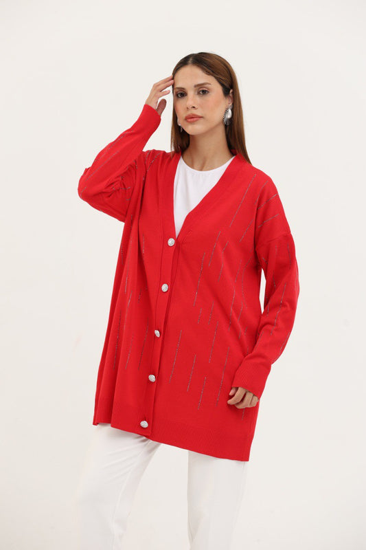 Merserize Kırmızı Taşlı Hırka