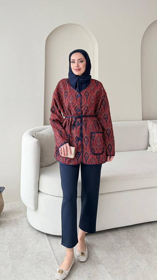 Bordo Etnik Desen Astarlı Ceket