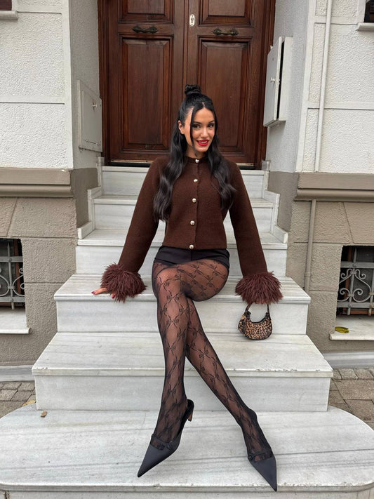 Düğmeli Tüylü Manşet Detaylı Triko Hırka