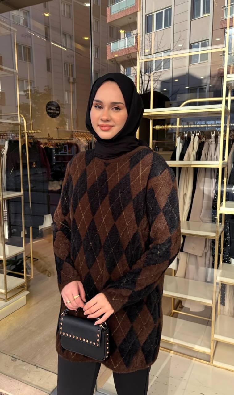 Kahverengi Angora Baklava Desen Sim Detaylı Kazak
