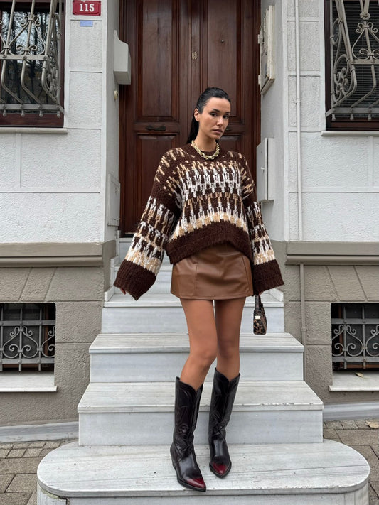 Kahverengi Desenli Oversize Triko Kazak