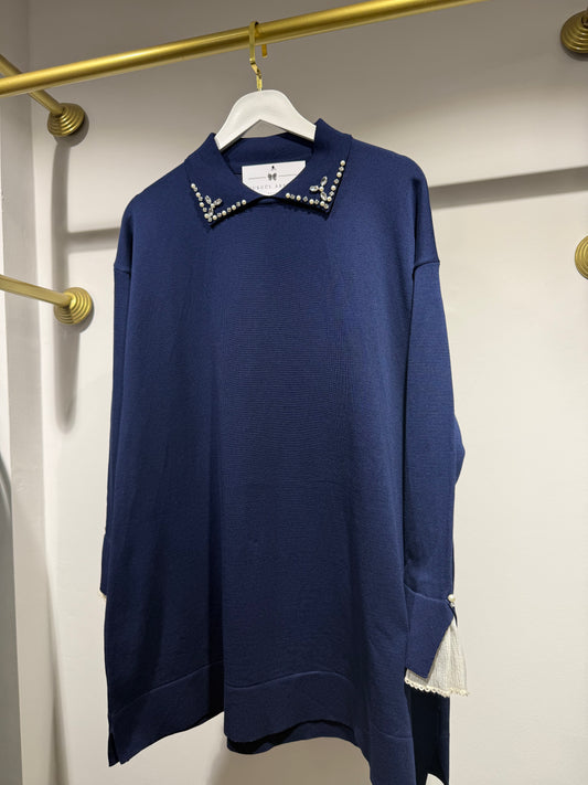 İnci Detay Merserize Gömlek Yaka Tunik