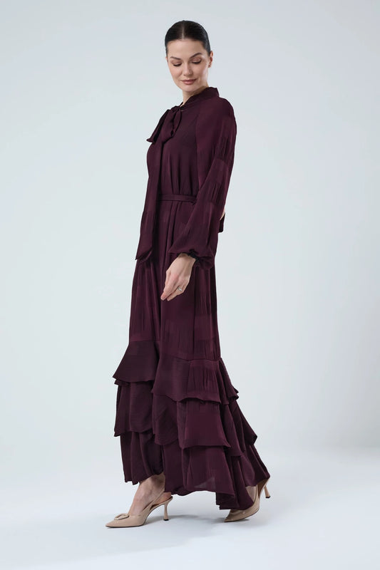 Mürdüm Dokuma Kumaş Piliseli Volan Etekli Astarlı Elbise