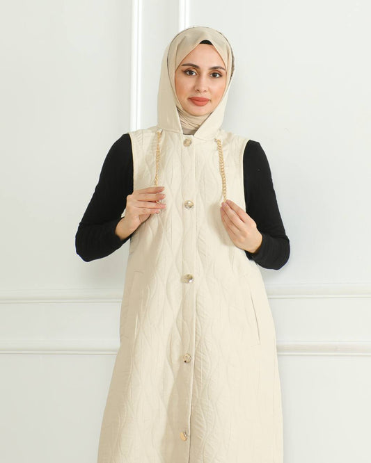 Zincirli Kapüşonlu Kapitone Yelek - Soft Bej