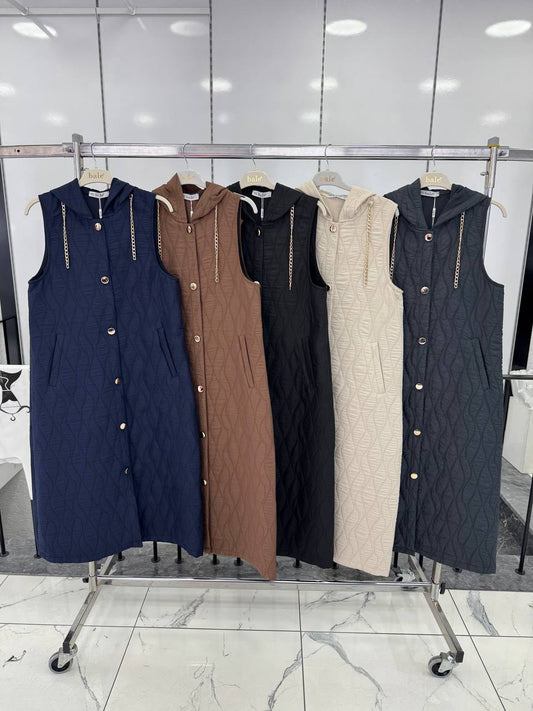 Zincirli Kapüşonlu Kapitone Yelek - Lacivert