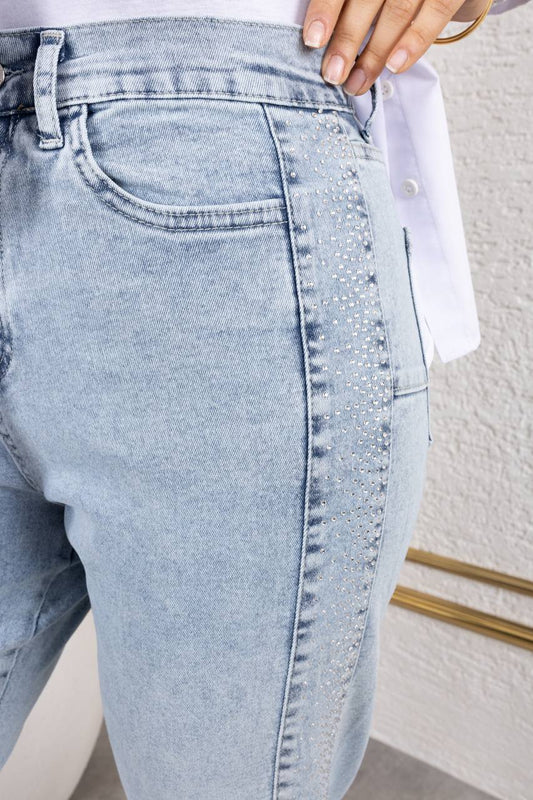 Şerit Taşlı Likralı Kot Pantolon Açık Mavi