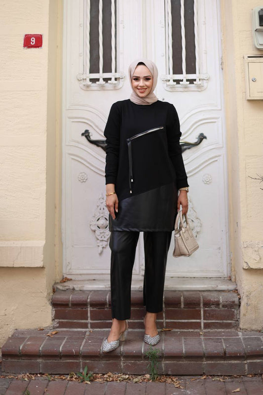 Siyah Fermuar Detaylı Deri Garnili Tunik