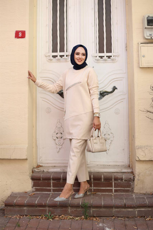 Bej Fermuar Detaylı Deri Garnili Tunik