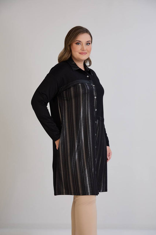 Büyük Beden Çizgi Deri Detaylı Gömlek Tunik