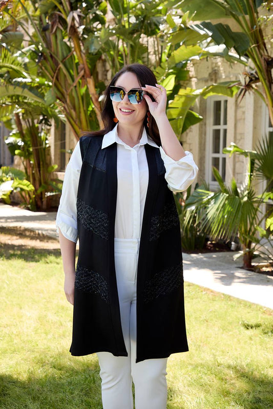 Taş Detaylı Siyah Uzun Yelek