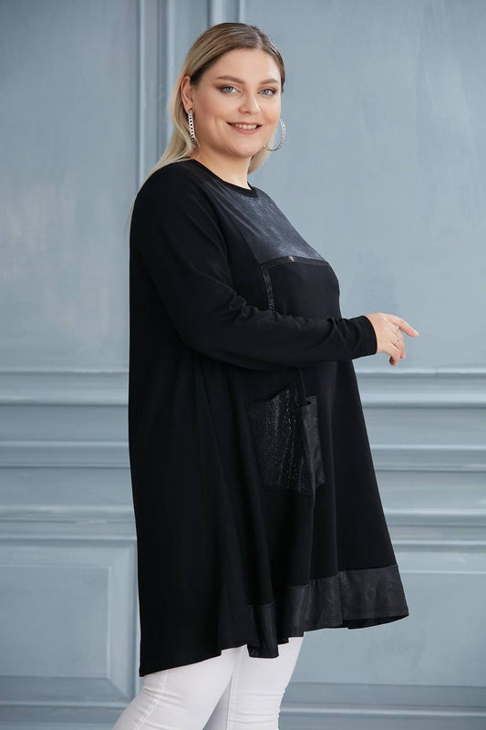 Büyük Beden Deri Detaylı Asimetrik Tunik