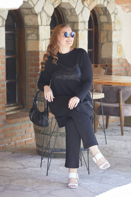 Büyük Beden Dantel ve Sim Şerit Detaylı Tunik