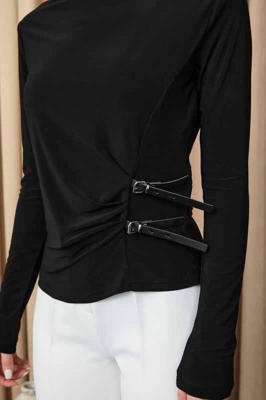 Çift Kemer Detay Siyah Bluz