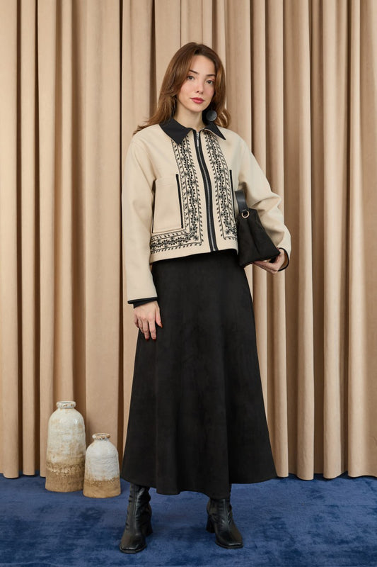 Bej Etnik Desen Ceket