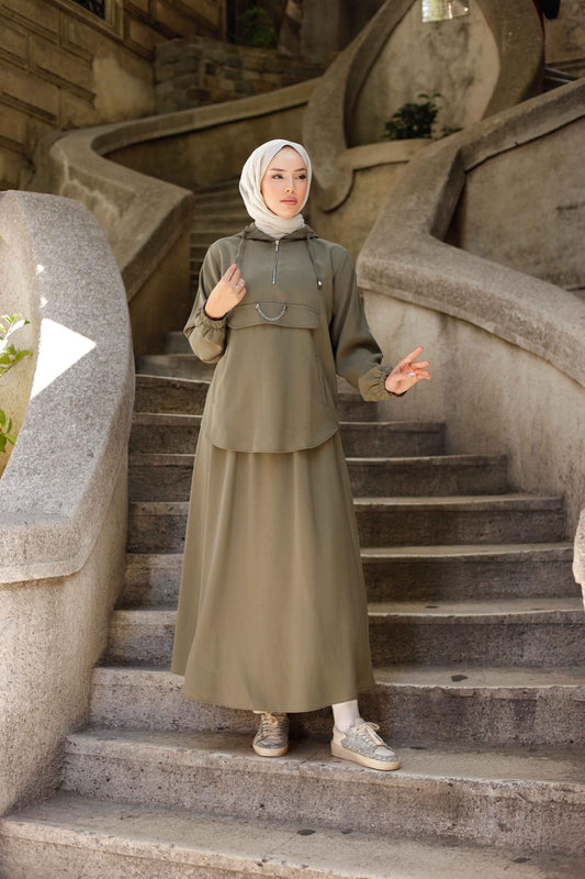 Haki Tensel Kapüşonlu Etekli Takım