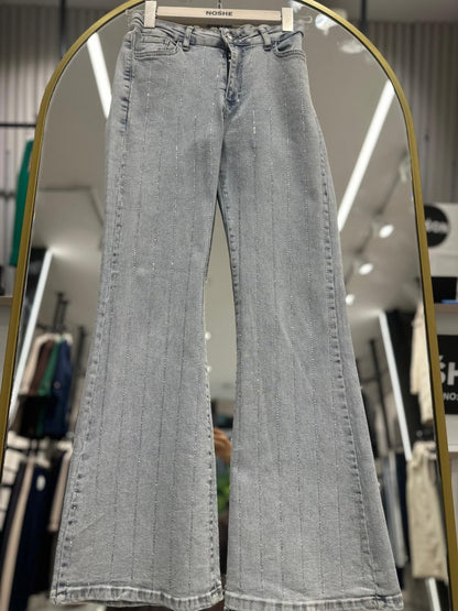 Likralı Taşlı İspanyol Kot Pantolon Açık Mavi