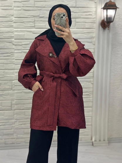Desenli Kemerli Bordo Ceket