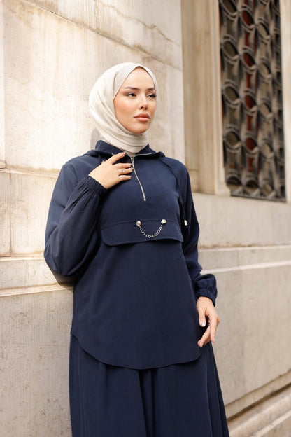 Lacivert Tensel Kapüşonlu Etekli Takım