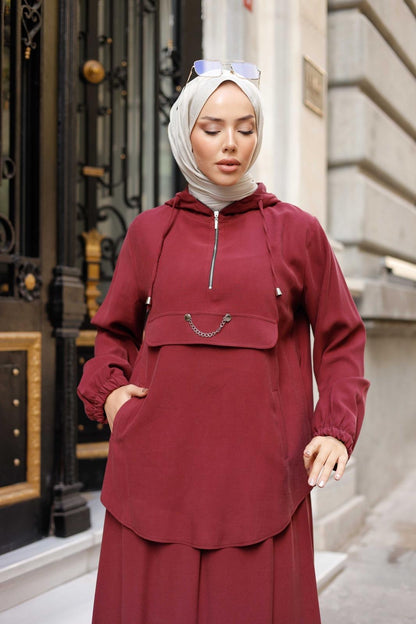 Bordo Tensel Kapüşonlu Etekli Takım