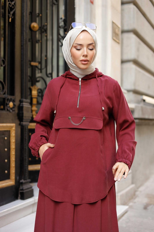 Bordo Tensel Kapüşonlu Etekli Takım