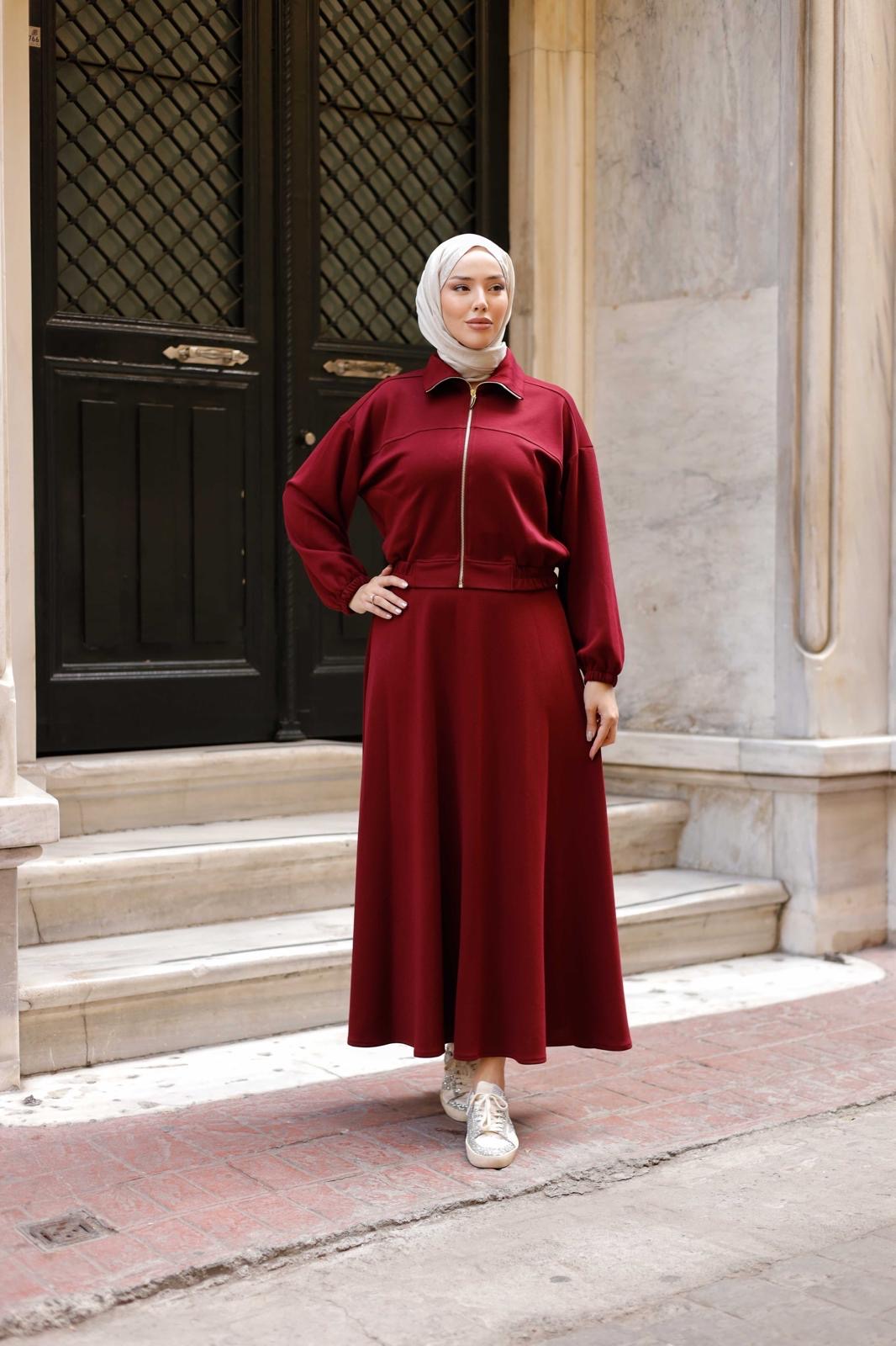 Etekli Fermuarlı Yumuşak Dokulu Takım - Bordo