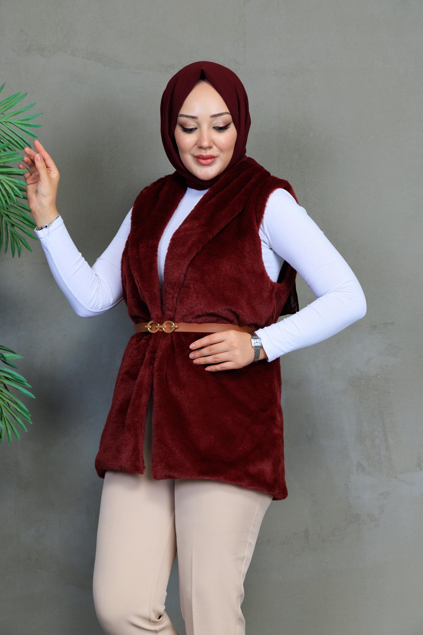 Bordo Peluş Kürk Yelek