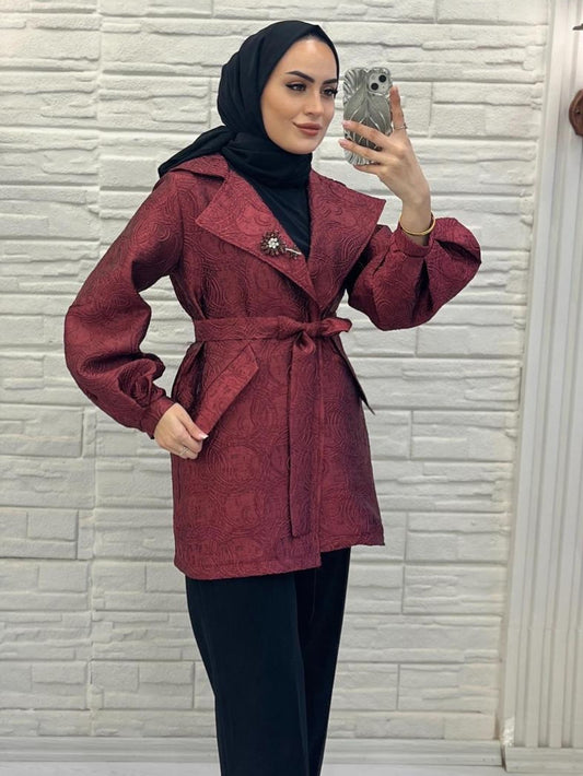 Desenli Kemerli Bordo Ceket