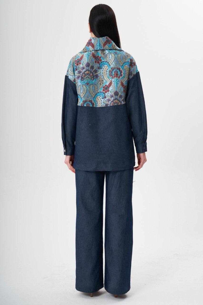 Mavi Desenli Yaka Detaylı Denim Ceket