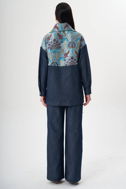 Mavi Desenli Yaka Detaylı Denim Ceket
