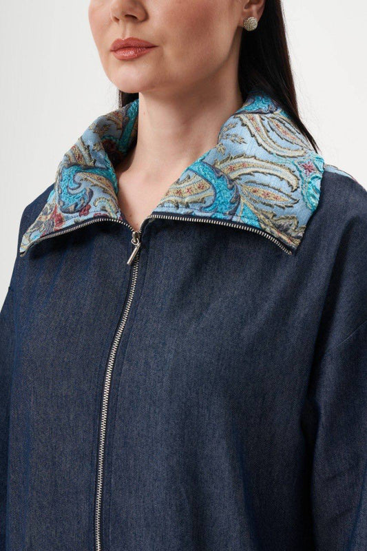 Mavi Desenli Yaka Detaylı Denim Ceket