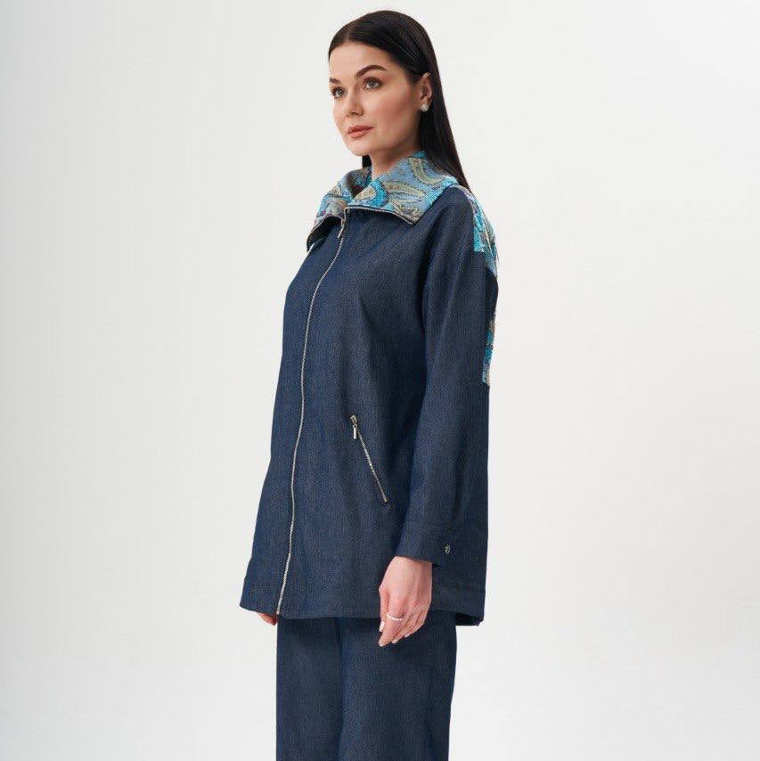Mavi Desenli Yaka Detaylı Denim Ceket