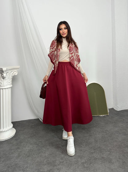 Bordo Beli Lastikli Scuba Kumaş Kloş Etek