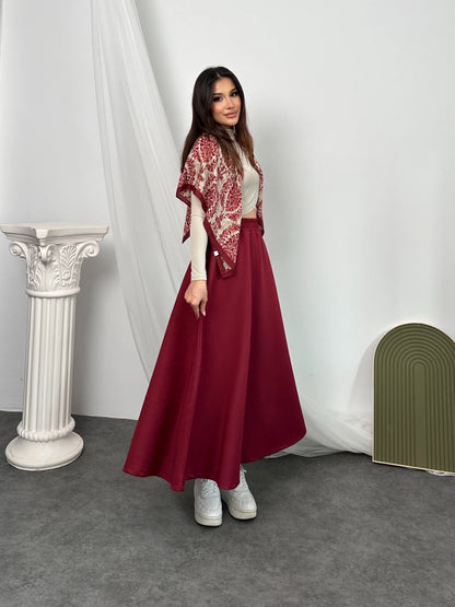 Bordo Beli Lastikli Scuba Kumaş Kloş Etek