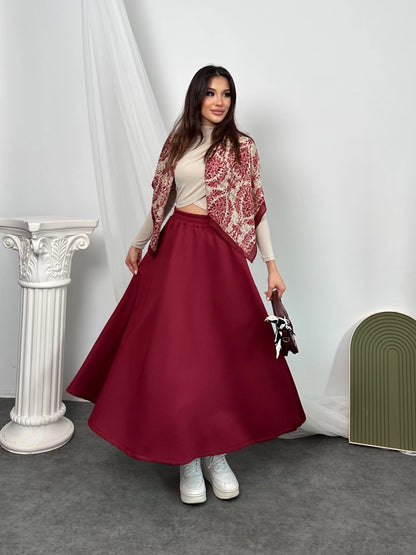 Bordo Beli Lastikli Scuba Kumaş Kloş Etek